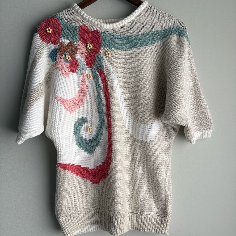 Vintage Koret Linen Blend Floral Knit Sweater Top Beaded Textured Cottagecore M
